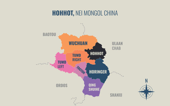 hohhot nei mongol Prefacture into County in a minimalist colorful style map showing