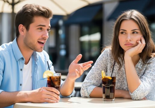 Bored Young Woman on a Bad Date with an Enthusiastic Man Talking at an Outdoor Cafe