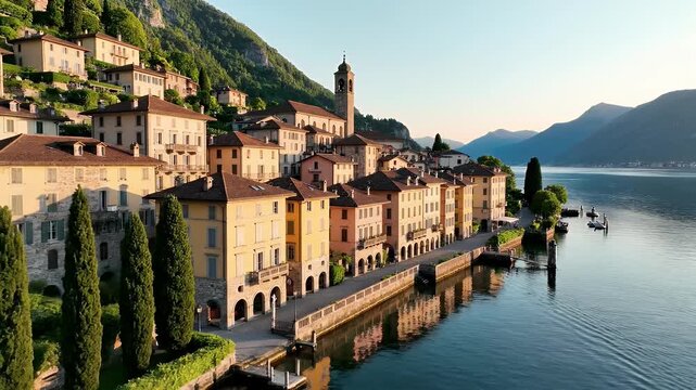 Idyllic Italian Lakeside Village Bathed in Golden Hour Light.