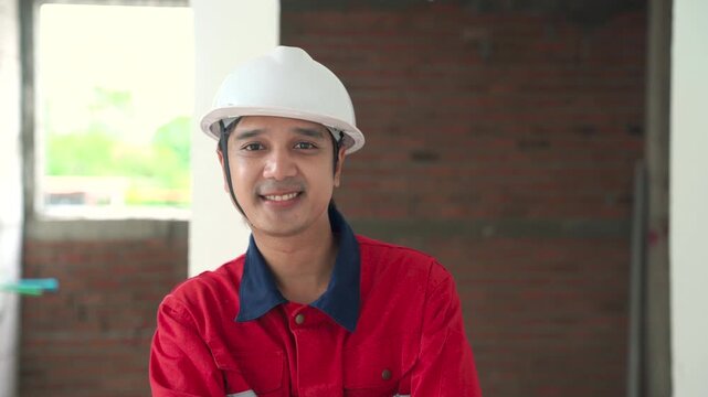 Confident male worker smiling at camera at building site