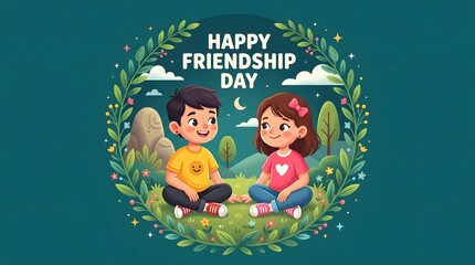 Naklejka premium Happy friendship day celebration with smiling kids in nature