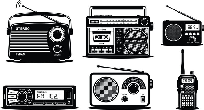 Retro vintage radio silhouette vector illustration icon set with portable transistor boombox cassette player car audio walkie talkie