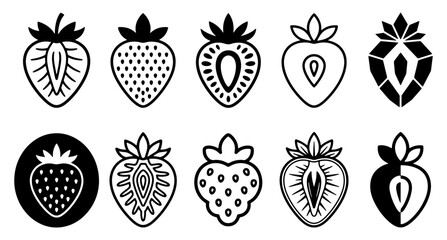Strawberry fruit silhouette, strawberry fruit and berry icons, black and white food symbols for design, strawberry, fruit, berry, food © Uttham