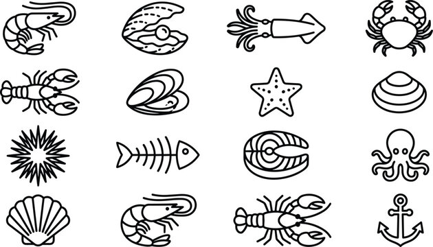 Fresh seafood market and marine life line icon set with shrimp crab lobster and shellfish symbols