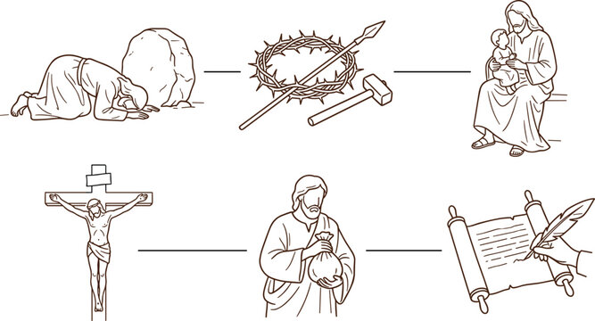 Hand drawn Christian religious icon set with Jesus crucifixion passion of Christ crown of thorns and biblical easter timeline elements