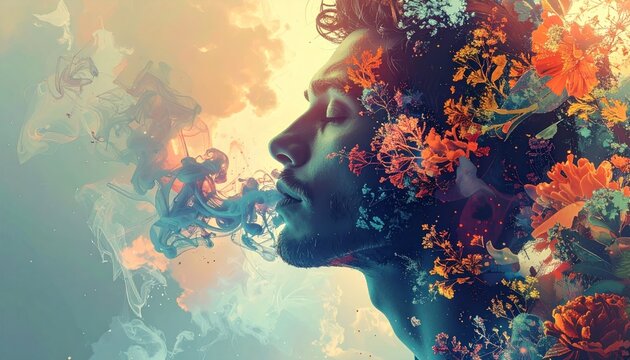 A man in profile exhales clouds which transform into vivid floral elements (1)