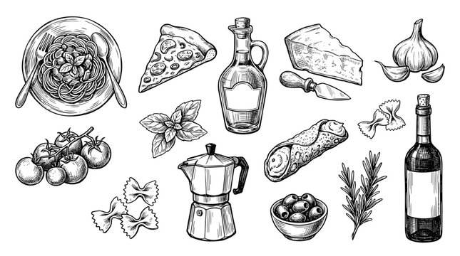 Hand drawn black ink sketch of Italian food collection, culinary ingredient set, isolated on white background