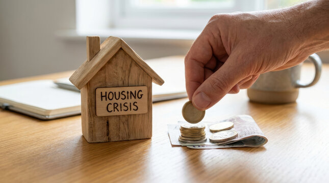 Affordable housing challenge concept with wooden house model and hand stacking coins on table for financial crisis