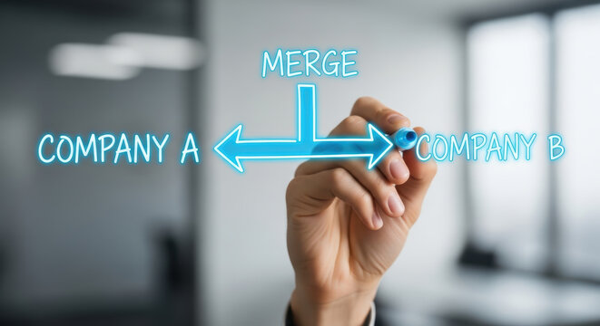 Biotech mergers and acquisitions concept with hand drawing arrows between two companies showing business integration and collaboration modern