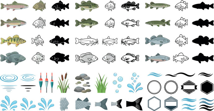 Freshwater Fish and Fishing Icon Set with Trout Bass Perch Silhouette Symbols and Water Elements for Angling Clubs Sports Equipment Branding and Outdoor Media Designs