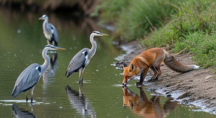 Fototapeta premium Red fox drinks water near grey herons by the riverbank