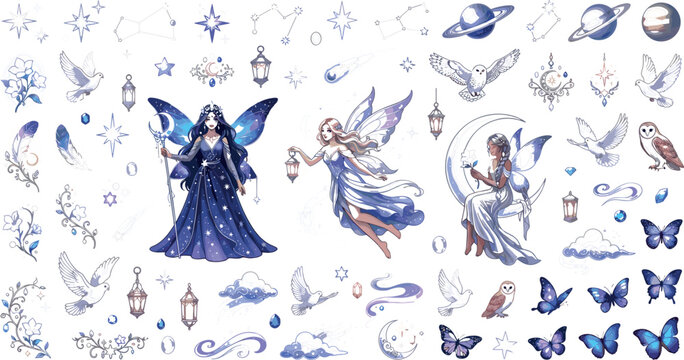 Mystical Celestial Night Fairies Vector Element Set Featuring Magical Goddesses Stars Planets Owl Moon Lanterns and Butterflies for Fantasy Graphic Design