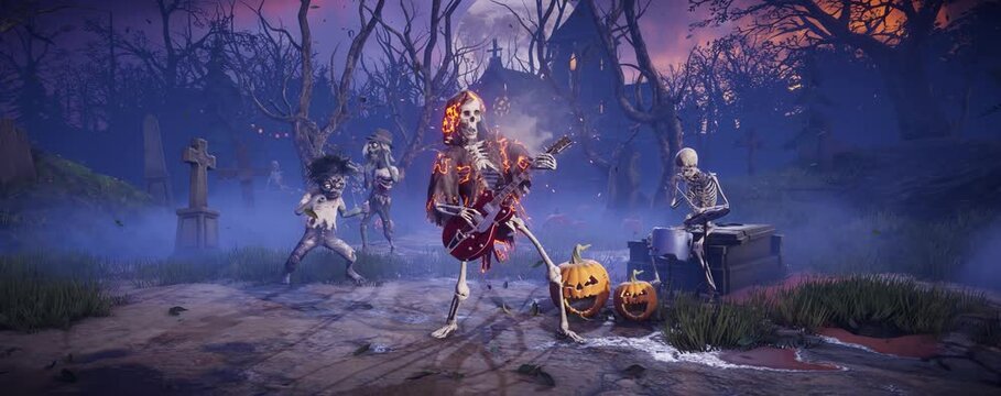 3D animation of Halloween party: Spooky skeleton band playing rock music in scary cemetery. Funny skeletons and zombies dancing, playing electric guitar and drums in foggy graveyard.