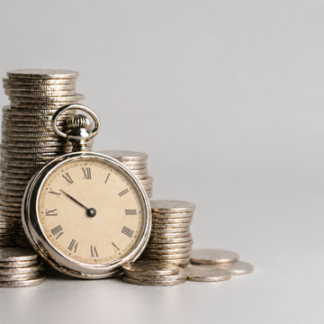 Time savings plan concept with vintage pocket watch and stacked silver coins on gray background for financial growth and investment