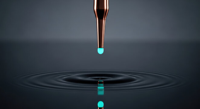 Strategic drop of blue liquid from metallic tip creates perfect ripple effect on dark water surface symbolizing precise navigation and control