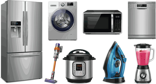 Home and Kitchen Appliances Vector Set with Refrigerator Washing Machine Microwave Dishwasher Vacuum Cleaner Multi Cooker Iron and Blender Elements