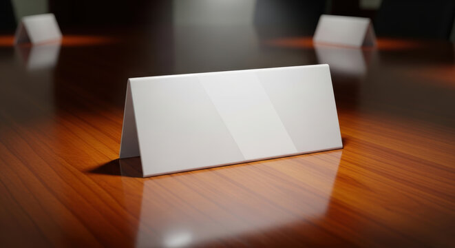 Blank white nameplate on wooden table in negotiation room symbolizing ukraine war talks and peace efforts