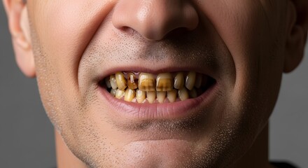 Fototapeta premium Close up of a man's face with severely decayed and stained teeth