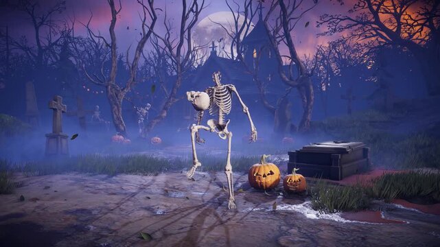3D animation of funny Halloween skeleton juggling his own skull like a soccer ball with his knee in spooky night cemetery. Humorous horror character in foggy graveyard.
