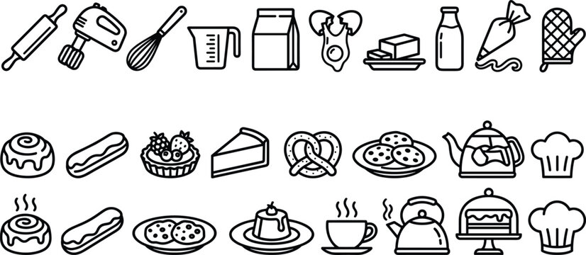 Bakery utensils and sweet pastry dessert line icon set with mixer cake rolling pin and chef hat symbols