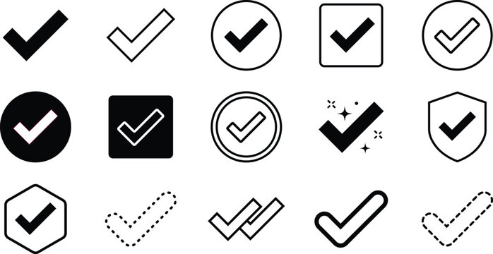 Checkmark tick icons set in various styles, including circle, square, shield, and hexagon vector illustration for approval and verification design
