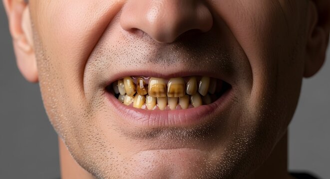 Close up of a man's face with severely decayed and stained teeth