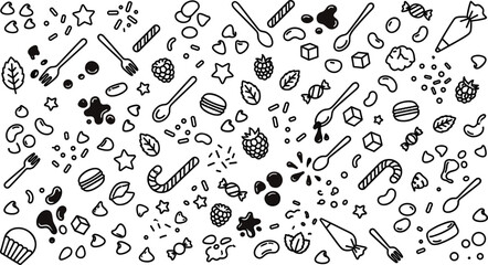Dessert toppings and sweet pastry ingredients seamless pattern line icon backdrop with candy berries and chocolate symbols © MdAshik