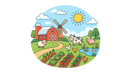 Fototapeta premium Cheerful Animals and Insects in a Vibrant Countryside Landscape, Illustrated in a Colorful Graphic Style