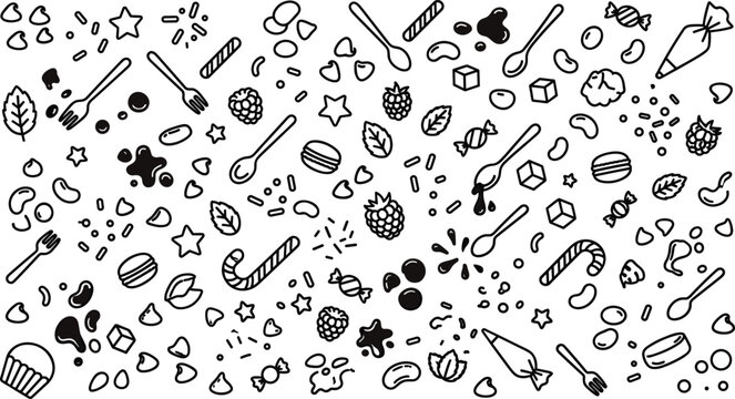 Dessert toppings and sweet pastry ingredients seamless pattern line icon backdrop with candy berries and chocolate symbols
