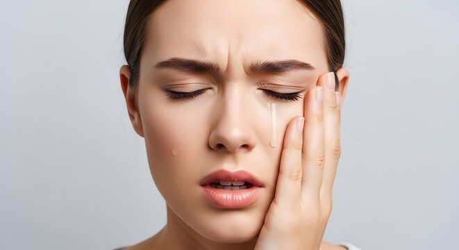 Woman experiencing intense facial pain covering mouth with hand in distress