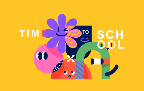 Back to school background with geometric shapes, cute cartoon characters. Bright yellow vector illustration with abstract letters and elements, time to school typography