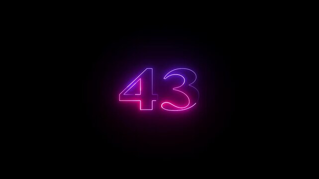 43 number neon bright glowing animation on black background 4k video.