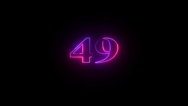 49 number neon bright glowing animation on black background 4k video.