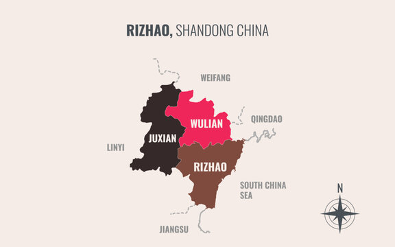 rizhao shandong Prefacture into County in a minimalist colorful style map showing