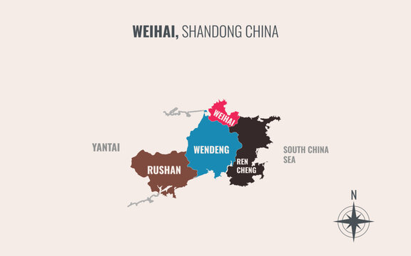weihai shandong Prefacture into County in a minimalist colorful style map showing