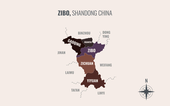 zibo shandong Prefacture into County in a minimalist colorful style map showing