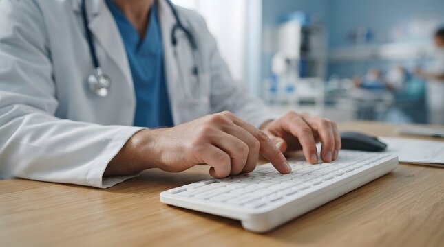 Doctor typing on computer keyboard in modern hospital office healthcare professional at work