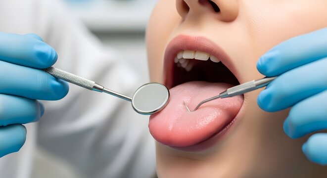 Dentist examining a patient's mouth with dental tools