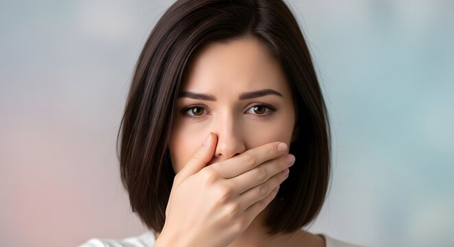 Woman covering mouth with hand expressing surprise or shock