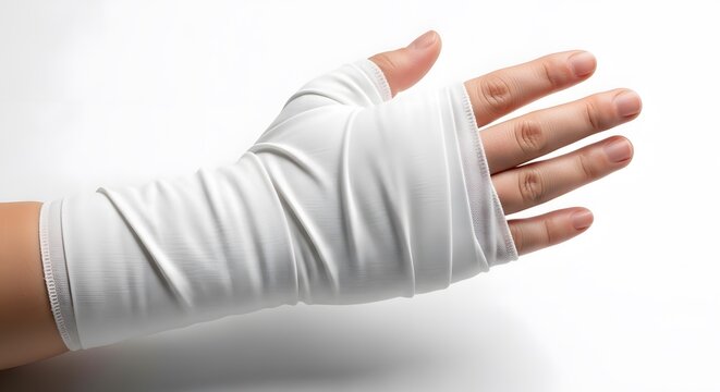 Wrist and hand wrapped in white medical bandage