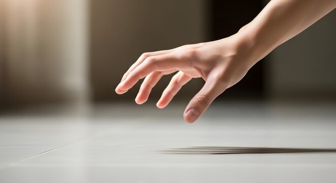 A hand reaching down towards a surface with a shadow