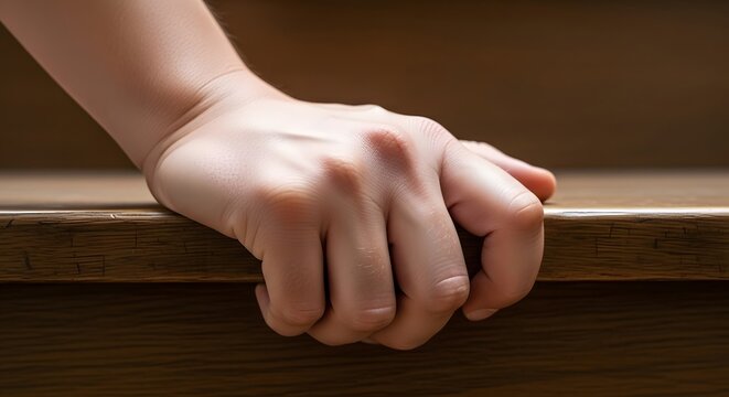 Close up of a hand resting on a wooden surface