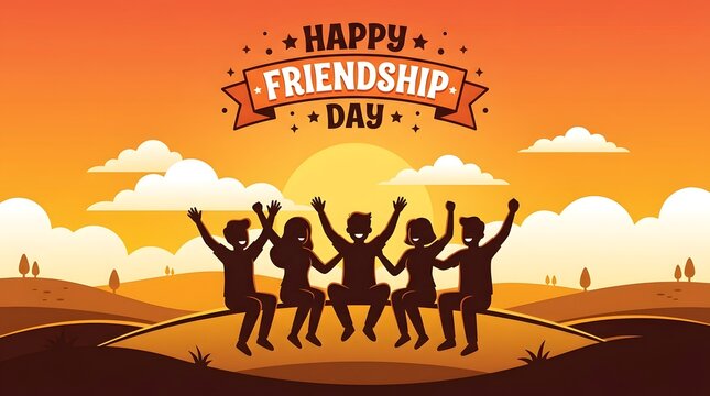 Happy friendship day celebration with friends silhouette at sunset