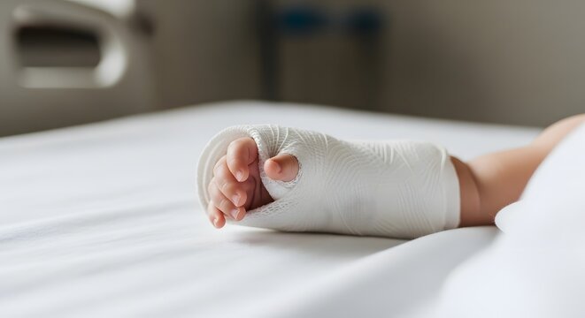 Close up of a child's hand with a white cast on a hospital bed