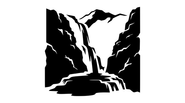 Minimalist black and white waterfall between mountain cliffs vector art