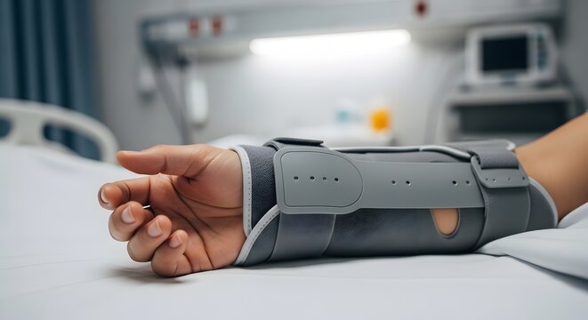 Wrist brace on a person's hand in a hospital bed
