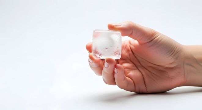 Hand holding a melting ice cube on white background