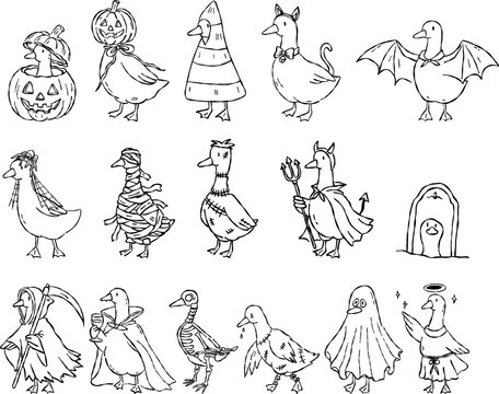 goose ghost doodles Spooky Silly Goose Witch Halloween Trick or Treat Hand Drawn Cartoon Collection
