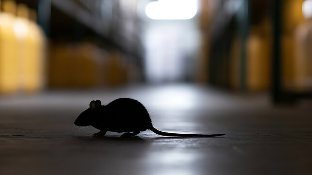 Silhouette of a small rodent, potentially a house mouse (Mus musculus) or rat, on a dusty floor in a dimly lit, cluttered warehouse