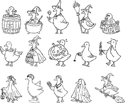 goose ghost doodles Spooky Silly Goose Witch Halloween Trick or Treat Hand Drawn 